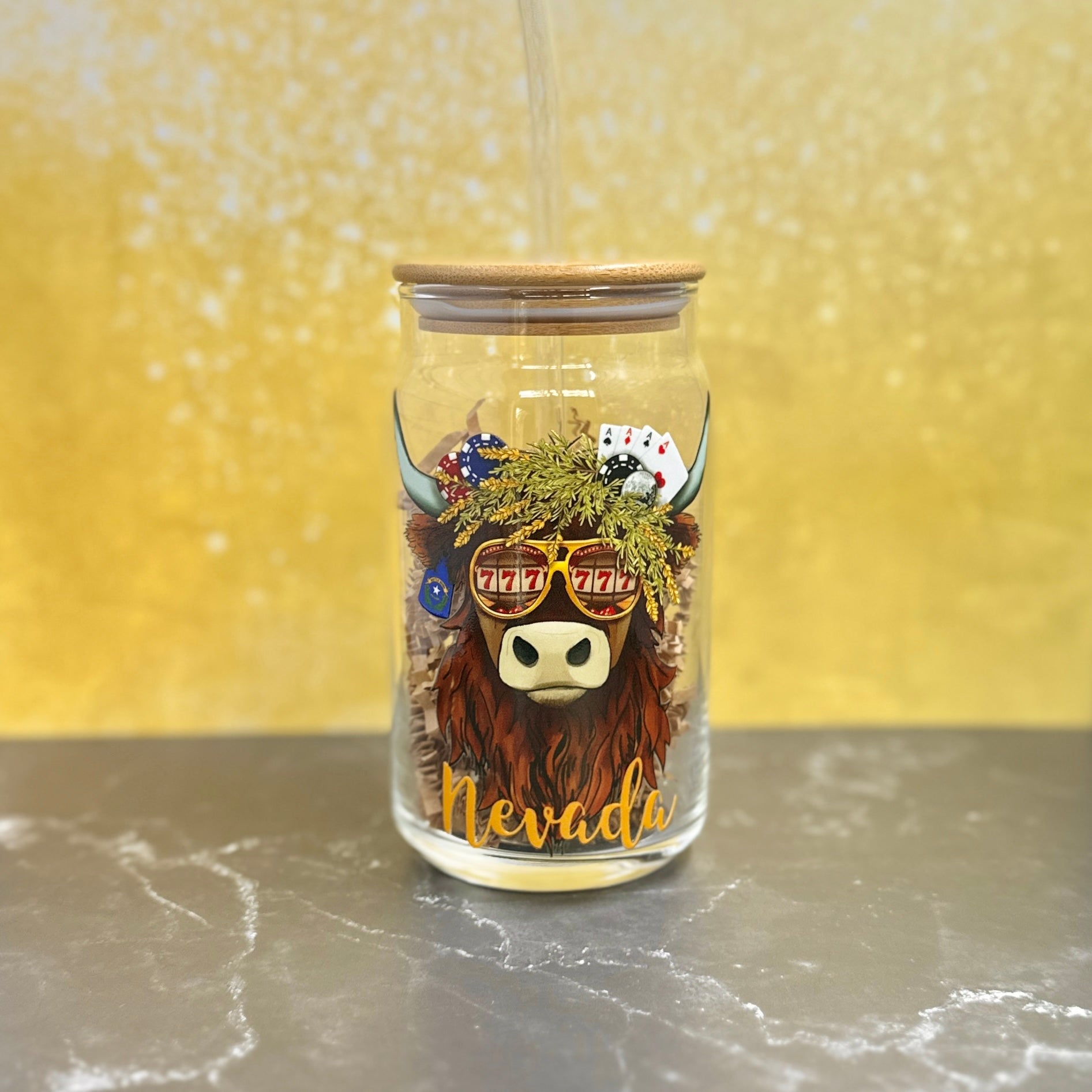 16oz Clear Beer Can Glass with Bamboo Lid and Straw - Choose your state Coo!