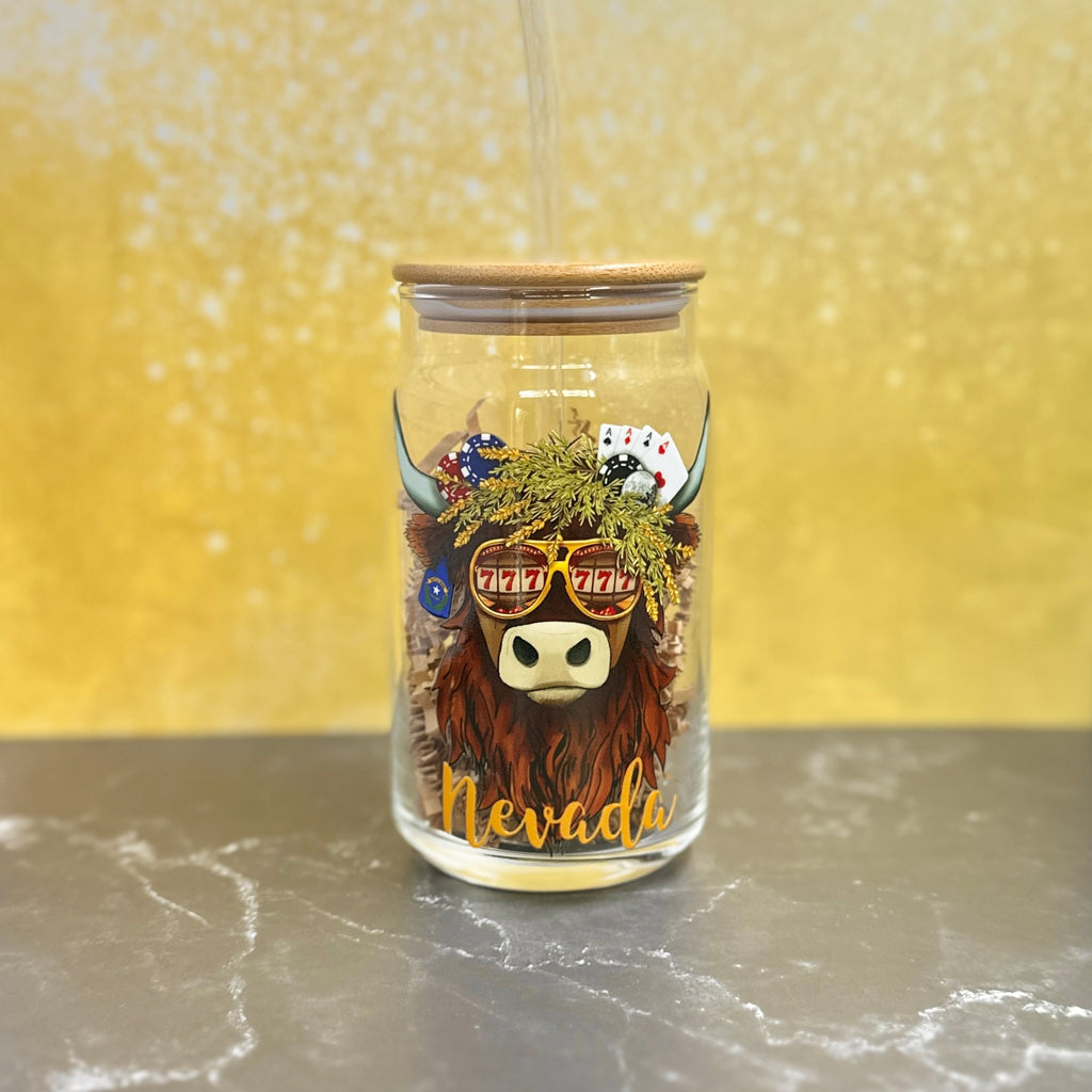 16oz Clear Beer Can Glass with Bamboo Lid and Straw - Choose your state Coo!