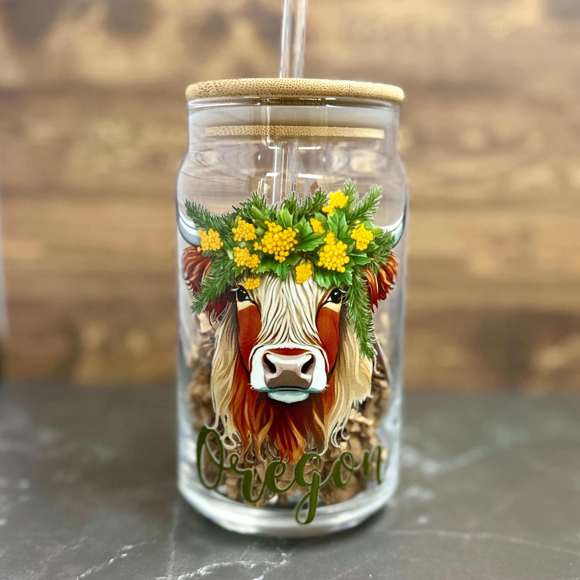 16oz Clear Beer Can Glass with Bamboo Lid and Straw - Choose your state Coo!