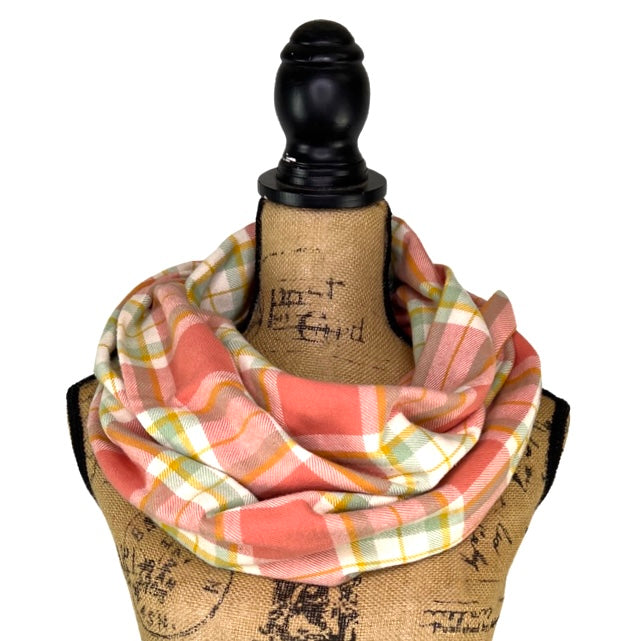 Dusty Salmon Pink, Sage, White and Mustard Yellow Plaid Flannel Infinity or Blanket Scarf