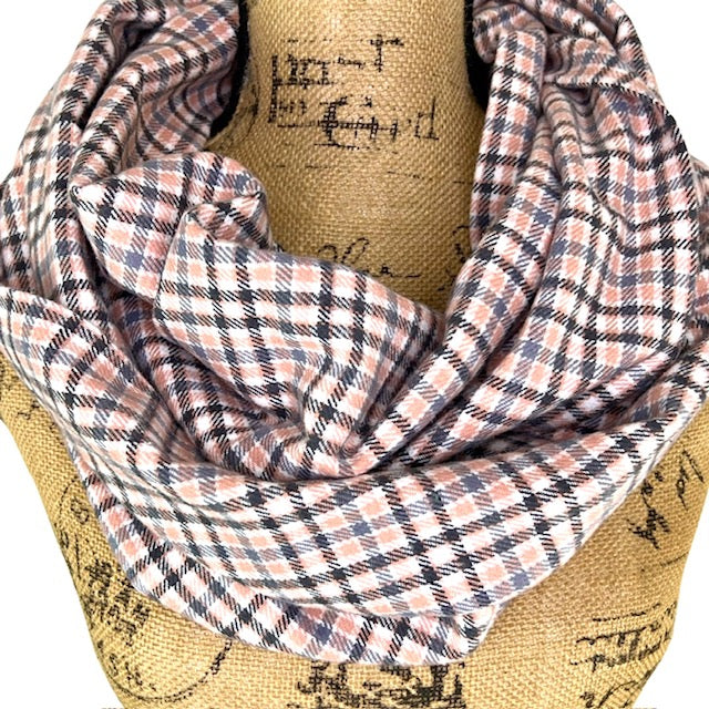 Soft Pink, Grey, Black and White Plaid Flannel Infinity or Blanket Scarf