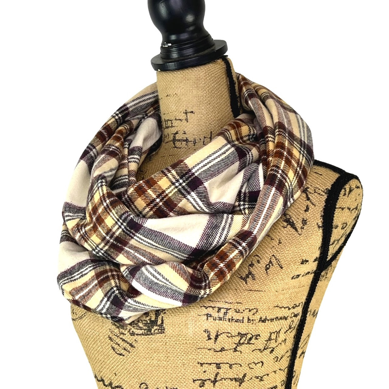 Cream, Dark Brown, Rust and Pale Yellow Plaid Flannel Infinity or Blanket Scarf