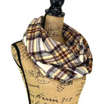 Cream, Dark Brown, Rust and Pale Yellow Plaid Flannel Infinity or Blanket Scarf