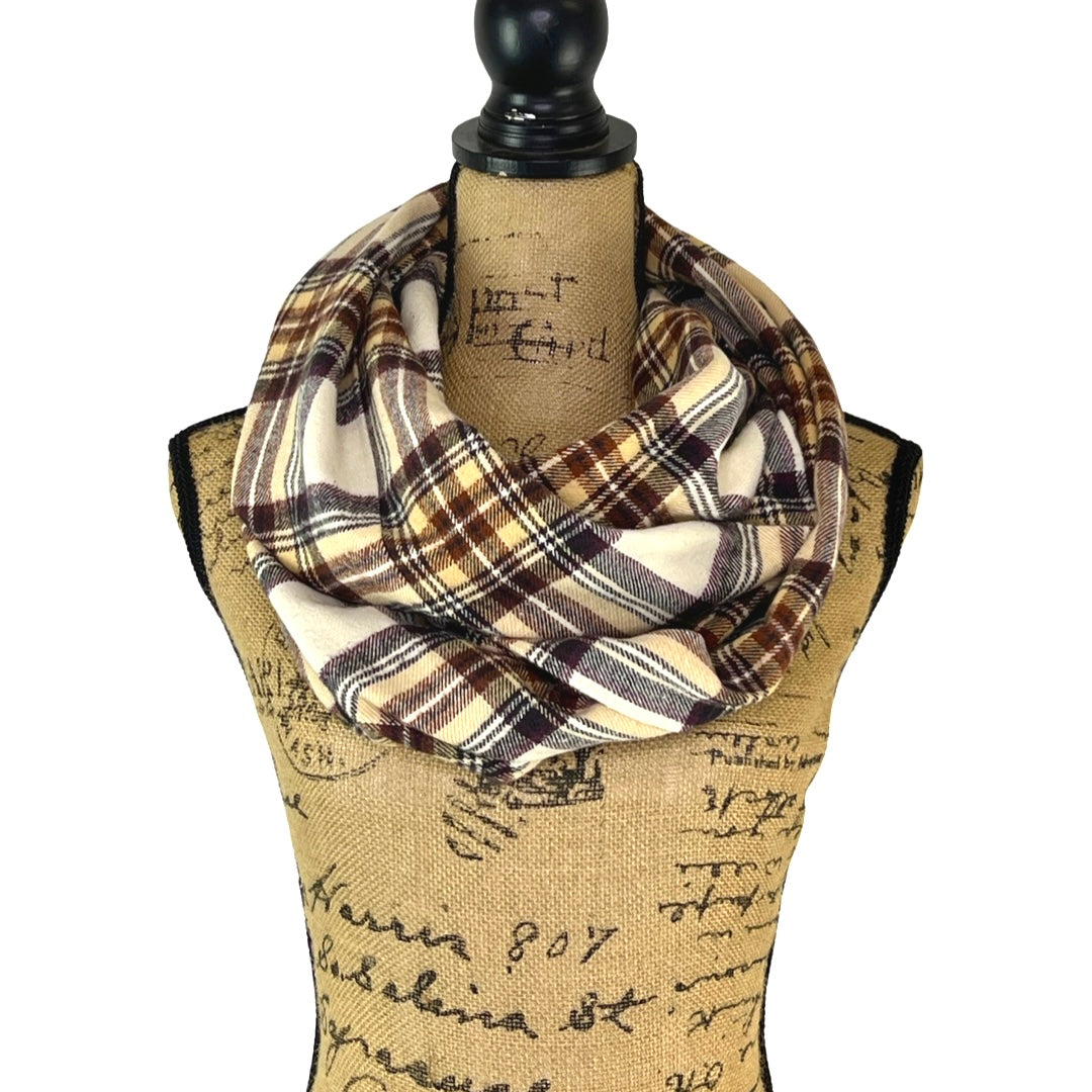 Cream, Dark Brown, Rust and Pale Yellow Plaid Flannel Infinity or Blanket Scarf