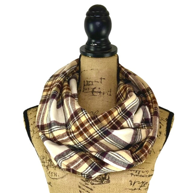 Cream, Dark Brown, Rust and Pale Yellow Plaid Flannel Infinity or Blanket Scarf