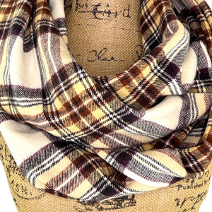 Cream, Dark Brown, Rust and Pale Yellow Plaid Flannel Infinity or Blanket Scarf