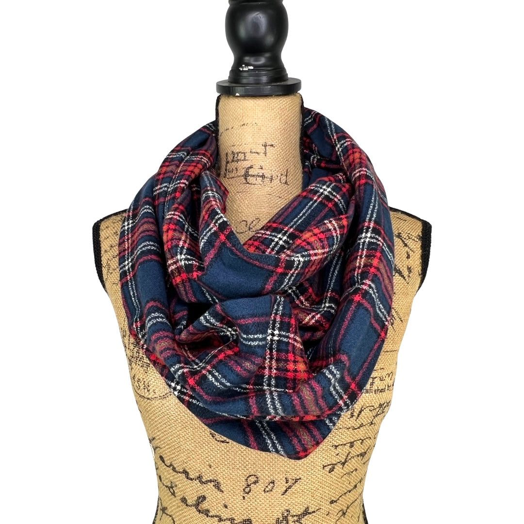 Tartan in Rich Navy, Red, White, Black and Mustard Yellow Plaid Flannel Infinity or Blanket Scarf