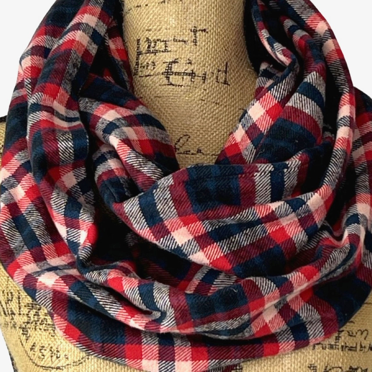 Royal Navy, Red, Black and Creamy White Plaid Flannel Infinity or Blanket Scarf