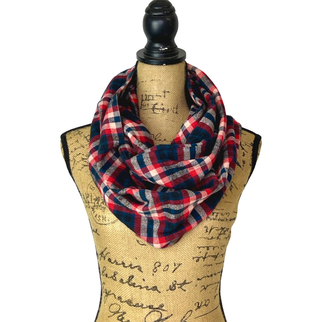 Royal Navy, Red, Black and Creamy White Plaid Flannel Infinity or Blanket Scarf