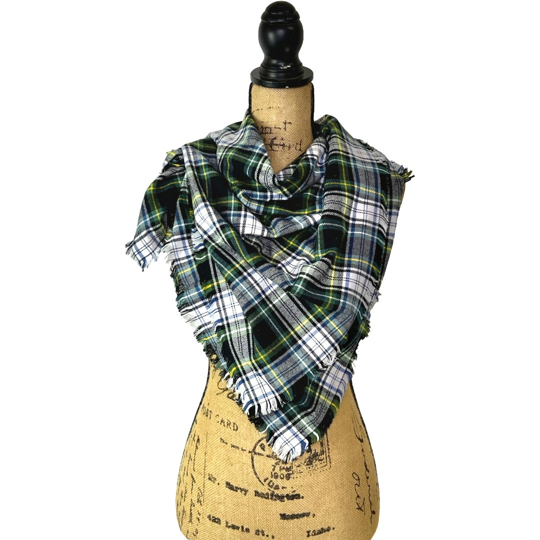 Evergreen, Black, White, Dusty Blue and Yellow Tartan Plaid Flannel Infinity or Blanket Scarf