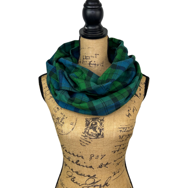 100% Organic Cotton Tartan in Emerald Green, Deep Blue and Black Plaid Infinity and Blanket Scarves