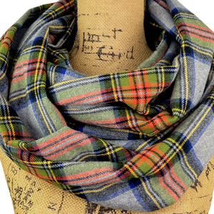 Tartan in Heather Gray with Emerald Green, Persimmon Orange, and Royal Navy Plaid Flannel Infinity or Blanket Scarf