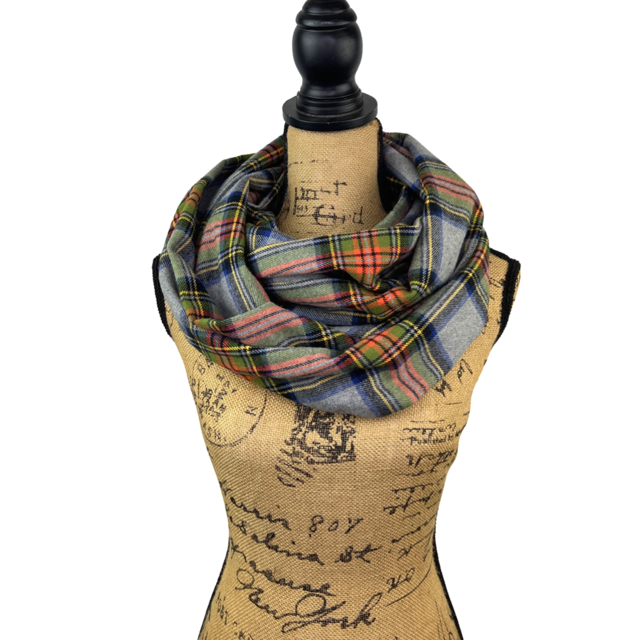 Tartan in Heather Gray with Emerald Green, Persimmon Orange, and Royal Navy Plaid Flannel Infinity or Blanket Scarf