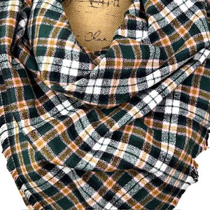 Dark Forest Green, Black, White, Caramel and Pale Pink Plaid Flannel Infinity or Blanket Scarf