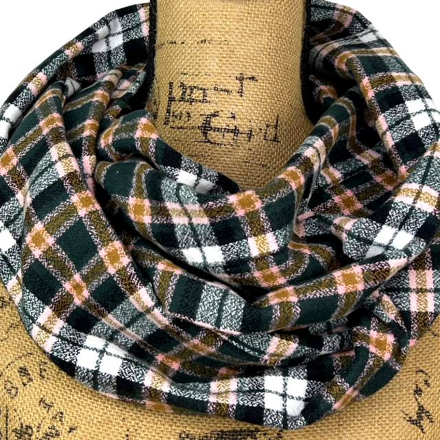 Dark Forest Green, Black, White, Caramel and Pale Pink Plaid Flannel Infinity or Blanket Scarf