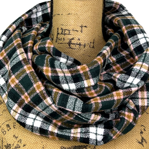 Black, White, Caramel and Pale Pink Plaid Flannel Infinity or Blanket Scarf