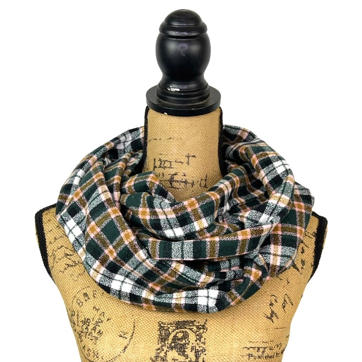 Dark Forest Green, Black, White, Caramel and Pale Pink Plaid Flannel Infinity or Blanket Scarf