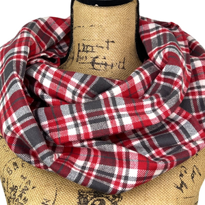 Red, Charcoal Grey and White Plaid Flannel Infinity or Blanket Scarf