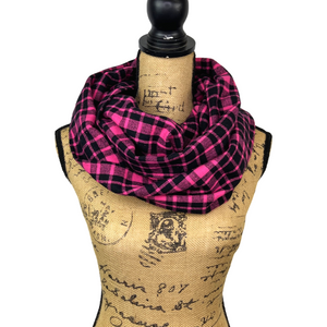 Bright Pink and Black Plaid Flannel Infinity or Blanket Scarf