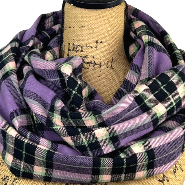 Lavender, Mint Green, Black and White Plaid Flannel Infinity or Blanket Scarf