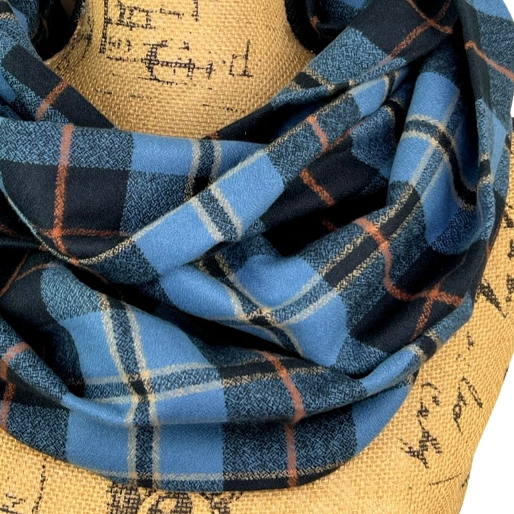 Luxe Collection Smoky Blue and Black Plaid with Persimmon and Pale Yellow Accent Infinity and Blanket Scarves