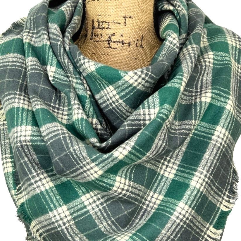 Luxe Collection Warm Dark Grey, Emerald and Creamy White Plaid Infinity and Blanket Scarves