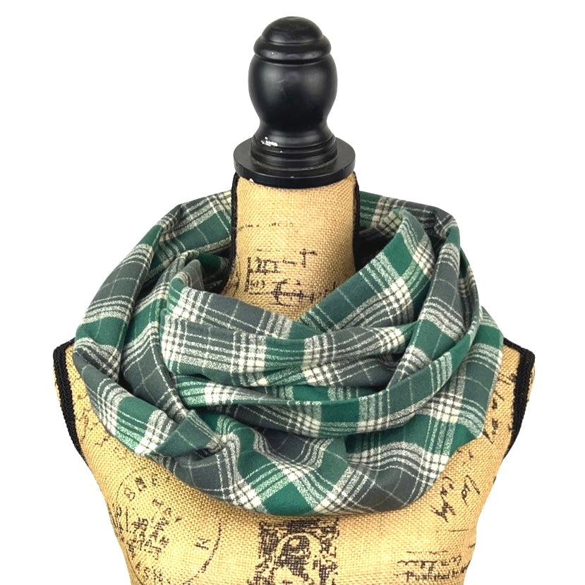 Warm Dark Grey, Emerald and Creamy White Luxe Collection Plaid Infinity and Blanket Scarves