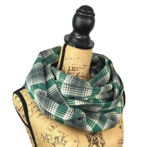 Luxe Collection Warm Dark Grey, Emerald and Creamy White Plaid Infinity and Blanket Scarves