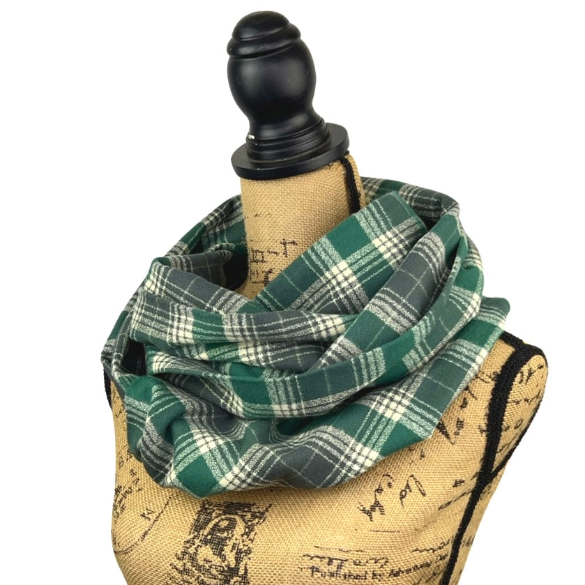 Luxe Collection Warm Dark Grey, Emerald and Creamy White Plaid Infinity and Blanket Scarves