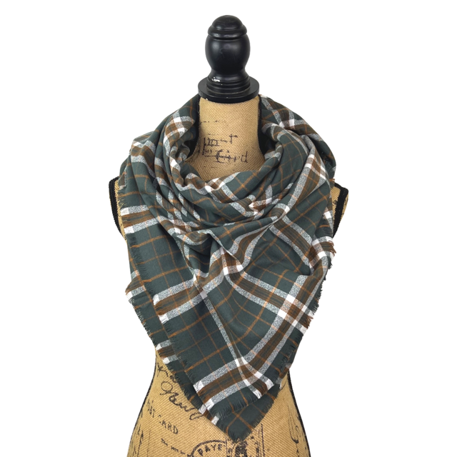 Luxe Collection Warm Dark Smoky Green, Dark Pumpkin and White Plaid Infinity and Blanket Scarves