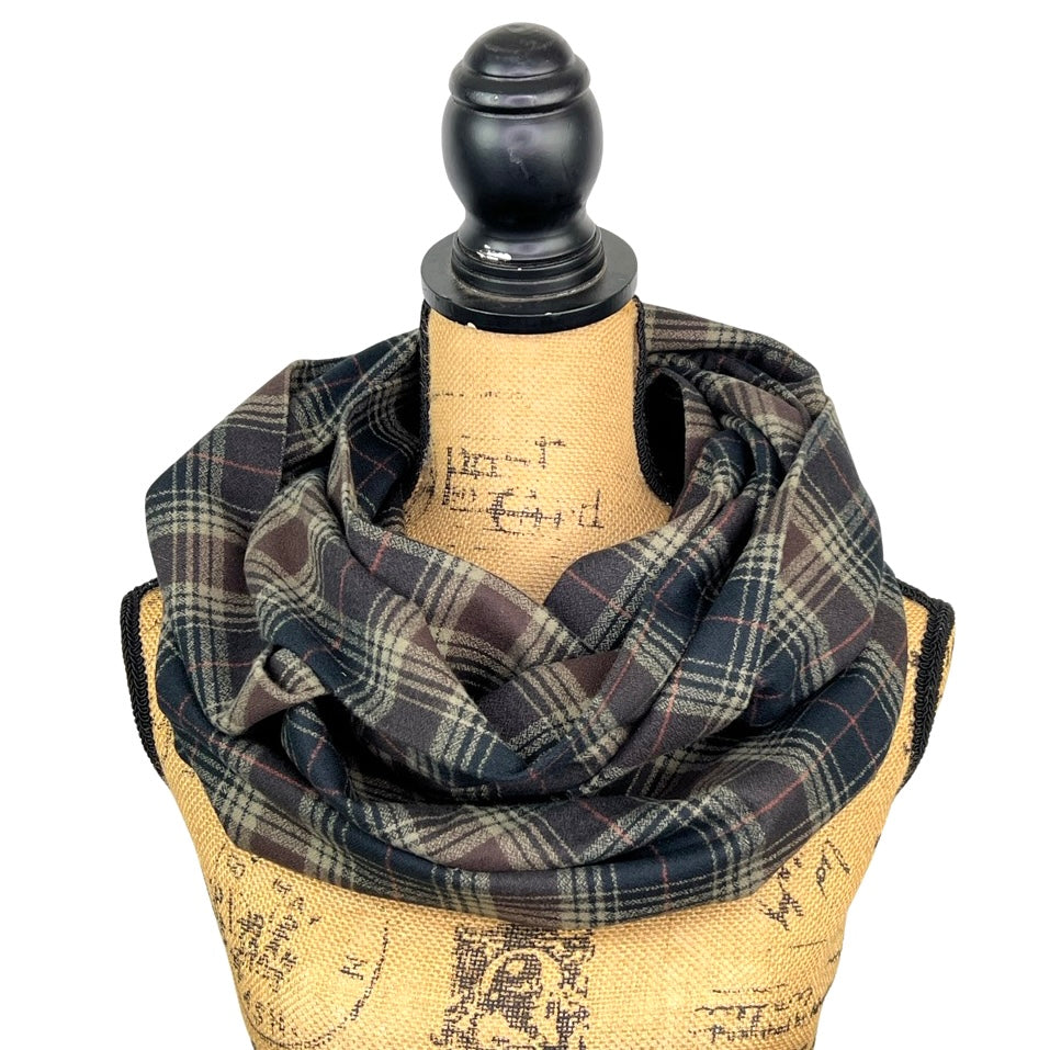 Luxe Collection Black, Brown, Creamy Tan and Rust Red Plaid Infinity and Blanket Scarves