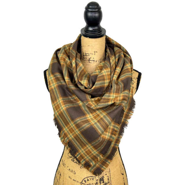 Tartan of Dark Brown, Caramel, Cream and Light Teal Blue Luxe Collection Plaid Infinity and Blanket Scarves