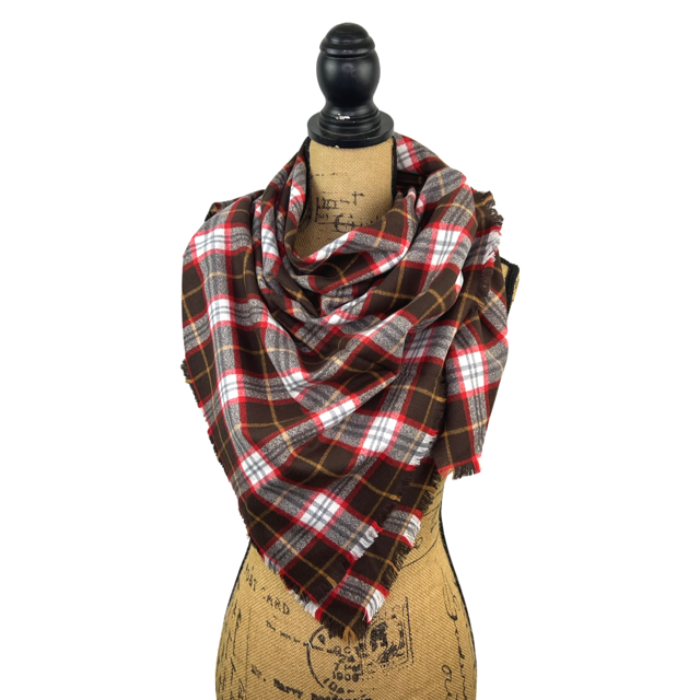 Luxe Collection Dark Chocolate, Red and White with Butterscotch Accent Plaid Infinity and Blanket Scarves