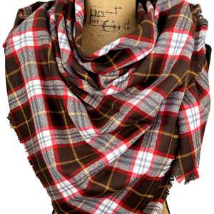 Luxe Collection Dark Chocolate, Red and White with Butterscotch Accent Plaid Infinity and Blanket Scarves