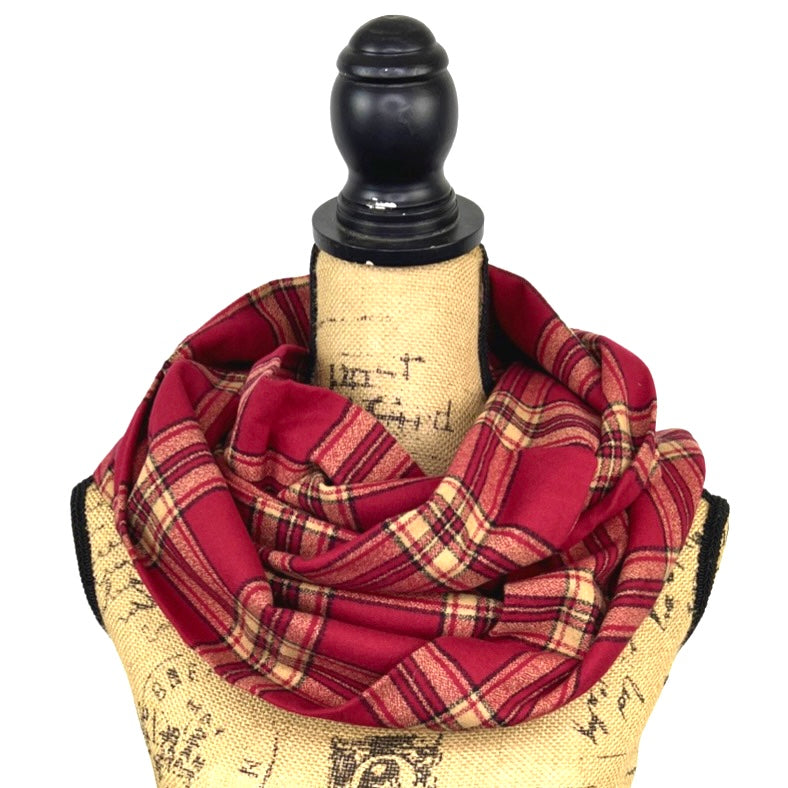Tartan of Deep Berry Red, Tan and Black Luxe Collection Plaid Infinity and Blanket Scarves