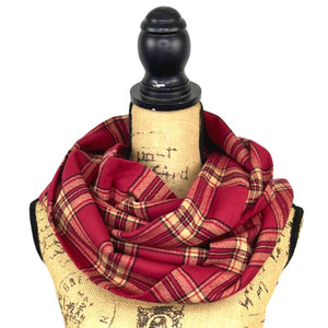 Tartan of Deep Berry Red, Tan and Black Luxe Collection Plaid Infinity and Blanket Scarves