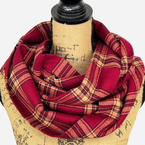 Tartan of Deep Berry Red, Tan and Black Luxe Collection Plaid Infinity and Blanket Scarves