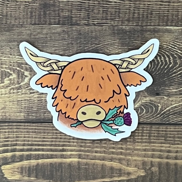 Highland Coo with Celtic Knot Horns 3 inch Sticker