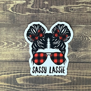 Sassy Lassie Buffalo Plaid Messy Pigtails Aviators 3" Sticker