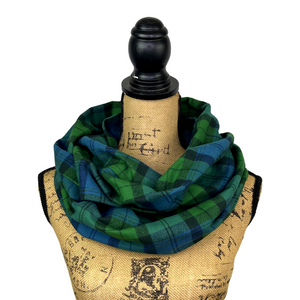 100% Organic Cotton Tartan in Emerald Green, Deep Blue and Black Plaid Infinity and Blanket Scarves