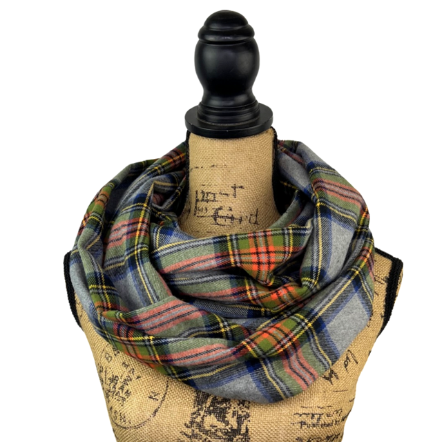 Tartan in Heather Gray with Emerald Green, Persimmon Orange, and Royal Navy Plaid Flannel Infinity or Blanket Scarf