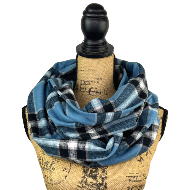 Dusty Blue, Black, White and Tan Plaid Flannel Infinity or Blanket Scarf