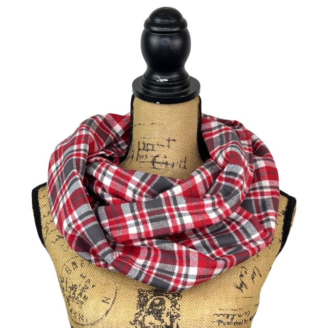 Red, Charcoal Grey and White Plaid Flannel Infinity or Blanket Scarf