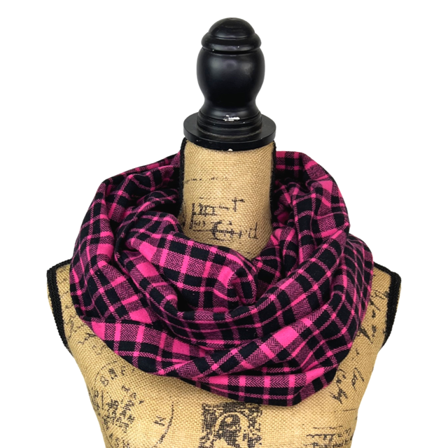 Bright Pink and Black Plaid Flannel Infinity or Blanket Scarf