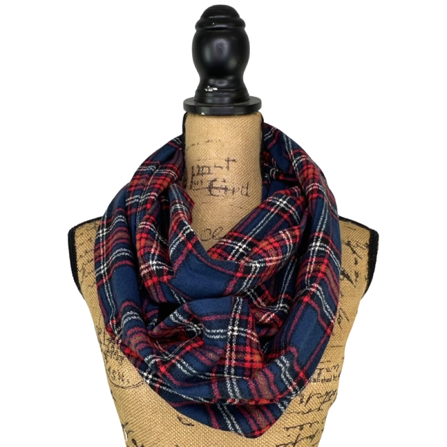 Tartan in Rich Navy, Red, White, Black and Mustard Yellow Plaid Flannel Infinity or Blanket Scarf