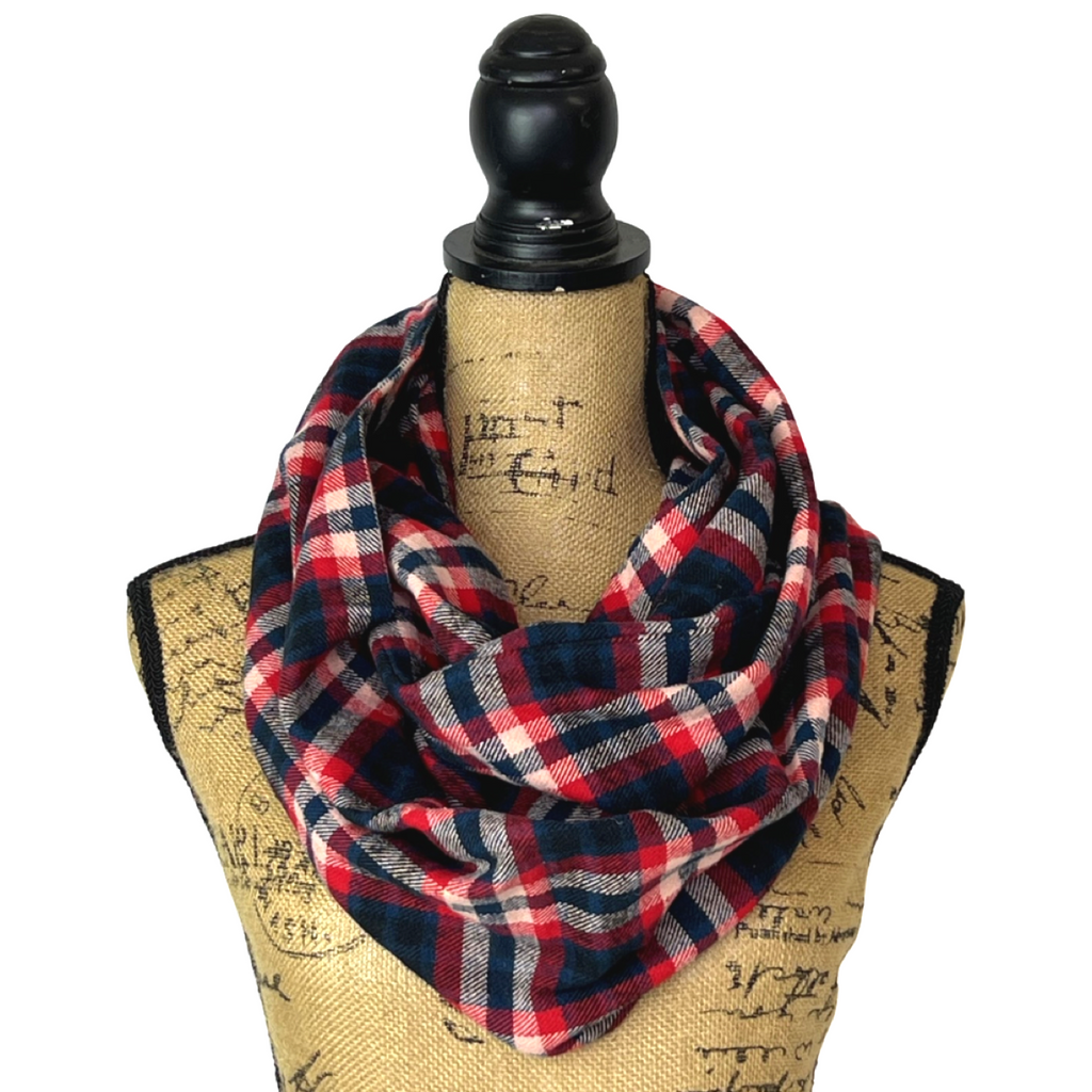 Royal Navy, Red, Black and Creamy White Plaid Flannel Infinity or Blanket Scarf