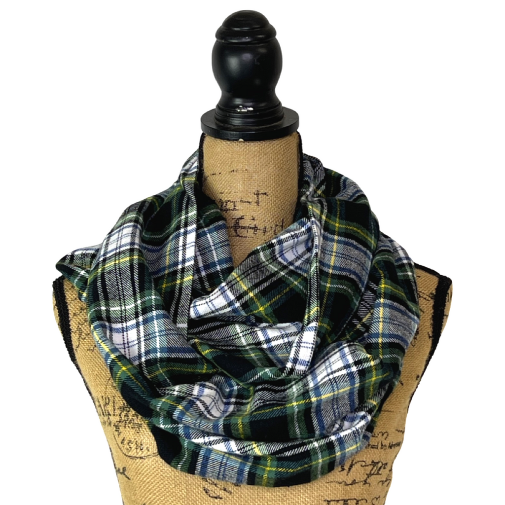 Evergreen, Black, White, Dusty Blue and Yellow Tartan Plaid Flannel Infinity or Blanket Scarf