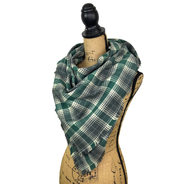 Warm Dark Grey, Emerald and Creamy White Luxe Collection Plaid Infinity and Blanket Scarves