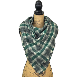 Warm Dark Grey, Emerald and Creamy White Luxe Collection Plaid Infinity and Blanket Scarves