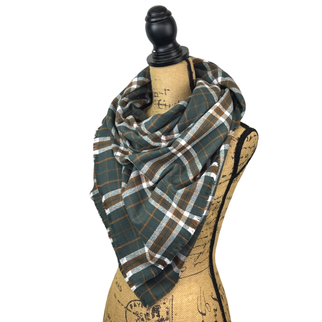 Luxe Collection Warm Dark Smoky Green, Dark Pumpkin and White Plaid Infinity and Blanket Scarves